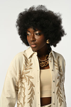 KADIN NATUR RENK KAHVE İŞLEMELİ OVERSİZE KESİM GÖMLEK