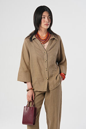 KADIN %100 KETEN V YAKA DÜZ RENK GÖMLEK