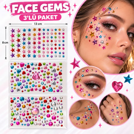 3 Adet Birden Yapışkanlı Yüz Taşı Face Gems Taşlı Yüz ve Vücut Süsü