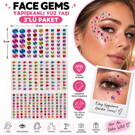 3 Adet Renkli Yapışkanlı Yüz Taşı Face Gems Taşlı Yüz ve Vücut Süsü