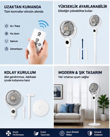 Uzaktan Kumandalı Vantilatör Şarj Edilebilir Masaüstü veya Ayaklı Kullanım 5 Hız Seviyeli -Beyaz 8İnç
