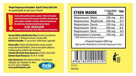 Vitapol Magnesium Complex 60 Kapsül Magnezyum Kompleks Malat Bisglisinat Taurat Sitrat Oksit L-Treonat