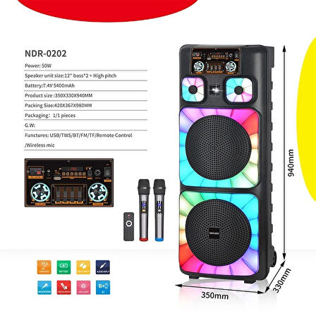 NDR Boomboxtr NDR-0202 2*12 İnc Taşınabilir Büyük Boy Bluetooth Parti Hoparlörü Amfi Özellikli