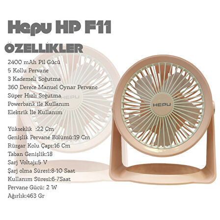 HP F06 Masa Üstü Şarjlı Vantilatör Hızlı Soğutma 2400 mAh Led Aydınlatmalı 5 Kollu 3 Kademeli