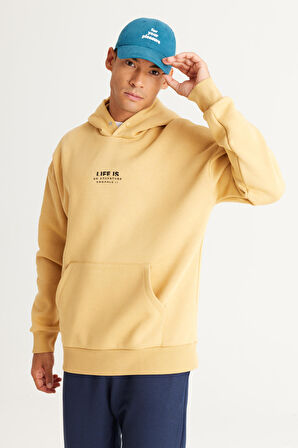 Erkek Hardal Oversize Fit Bol Kesim Kapüşonlu Içi Polarlı 3 Iplik Pamuklu Sweatshirt