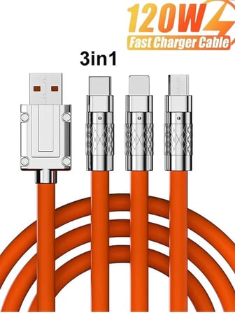 Süper Hızlı 120w Hızlı Şarj Destekli 3in1 Çelik Uçlu Çoklu Şarj Kablosu Turuncu