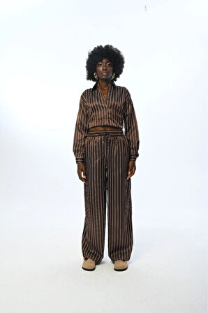 KADIN BELİ LASTİKLİ BOL PAÇA ÇİZGİLİ PANTOLON