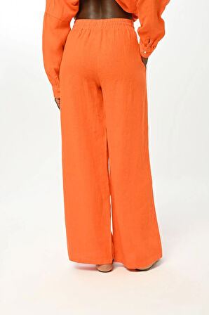 KADIN BELİ LASTİKLİ BOL PAÇA DÜZ RENK KETEN PANTOLON