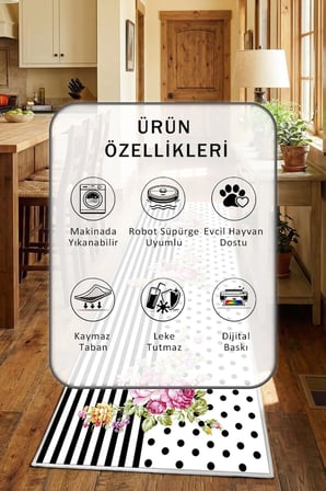 Puantiye Varaksız Beyaz Dijital Baskılı Yıkanabilir Mutfak Halısı Kaymaz Taban