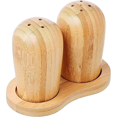 Alvin Doğal Kaliteli %100 Bambu 2 Li Tuzluk Biberlik Baharatlık Standlı Set 