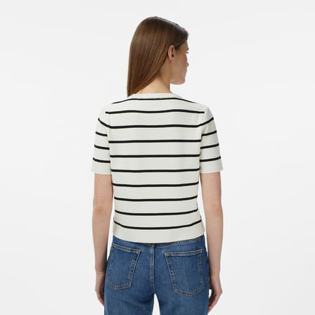 Nautica Kadın Krem Slim Fit Kısa Kollu Çizgili Triko Hırka