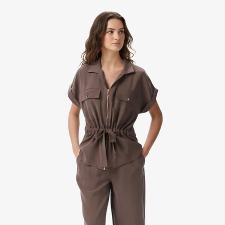 Nautica Kadın Kahverengi Regular Fit Kısa Kollu Gömlek