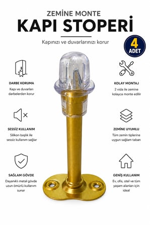 Kapı Stoperi Duvar Koruyucu Zemin Tipi Metal Kapı Durdurucu Darbe Emici Silikon Başlıklı Vidalı Kapı Tamponu Gold - 4 ADET