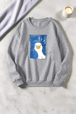 Unisex Meraklı Ördek Baskılı Bisiklet Yaka Sweatshirt