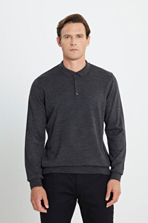 Erkek Antrasit-melanj Tüylenme Yapmayan Anti Pilling Kumaş Standart Fit Polo Yaka Triko Kazak