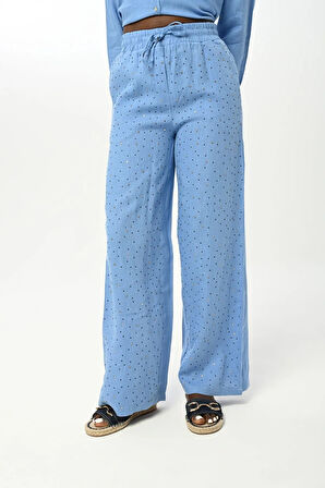 KADIN BELİ LASTİKLİ BOL PAÇA ÖNÜ TAŞ İŞLEMELİ %100 KETEN PANTOLON