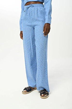 KADIN BELİ LASTİKLİ BOL PAÇA ÖNÜ TAŞ İŞLEMELİ %100 KETEN PANTOLON