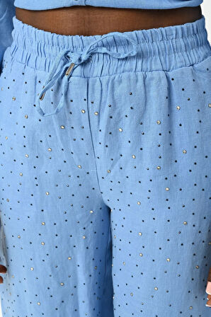 KADIN BELİ LASTİKLİ BOL PAÇA ÖNÜ TAŞ İŞLEMELİ %100 KETEN PANTOLON