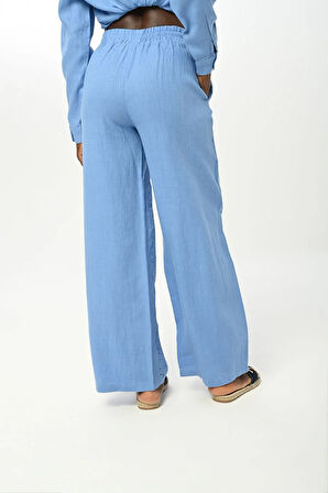 KADIN BELİ LASTİKLİ BOL PAÇA ÖNÜ TAŞ İŞLEMELİ %100 KETEN PANTOLON