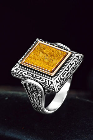 Erkek Gümüş Yüzük - Kaplangözü Taşı Kare Model Erkek Yüzük