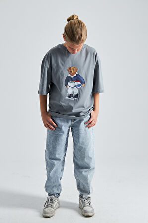 Teddy Bear Kaykay Tasarım  Baskılı %100 Pamuk Erkek Oversize Çocuk Tişört