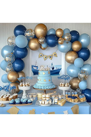 Lacivert Balon Çelenk Seti Altın Konfeti Balonlu Doğum Günü Düğün Yıldönümü Parti Dekorasyonu