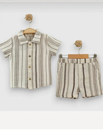 ERKEK BEBEK KETEN GÖRÜNÜMLÜ PAMUKLU GÖMLEK - ŞORT TAKIM