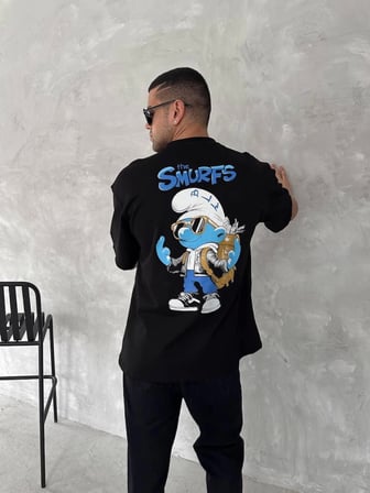 Ön Ve Arka Baskılı Oversize Bisiklet Yaka T-shirt- Siyah