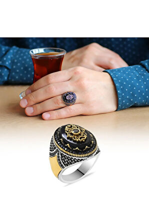 Erkek Gümüş Yüzük - Oniks Taşlı Mikro Zirkon Taş Mıhlamalı 925 Ayar Gümüş Erkek Yüzük