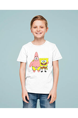 Süngerbob Ve Patrick Baskılı Unisex Çizgi Film Çocuk Tişört (1-12 Yaş)