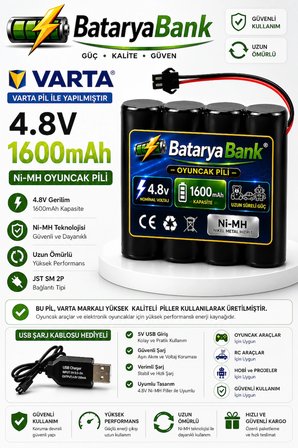 Varta 4.8V 1600mAh Oyuncak Araba Pili Bataryası Siyah Soket + USB Şarj Cihazı | Varta Hücreli Şarjlı Batarya