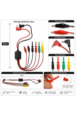 Profesyonel 50 cm Universal Multimetre Test Kablosu Seti – Banana Fiş, Timsah Klips ve Prob Uçlu