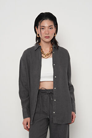 KADIN %100 KETEN YANLARI DÜĞME DETAYLI GÖMLEK