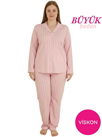 Kadın Büyük Beden Viskon Önden Düğmeli Gömlek Yaka Göğüs Cepli Uzun Kol Mevsimlik Pijama Takımı