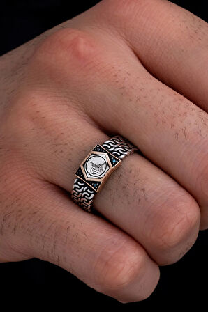 Erkek Gümüş Yüzük - Osmanlı Tuğrası Siyah Taşlı Gümüş Erkek Yüzüğü