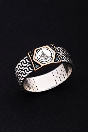 Erkek Gümüş Yüzük - Osmanlı Tuğrası Siyah Taşlı Gümüş Erkek Yüzüğü