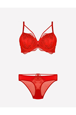Meba Kadın Dantel Detaylı Desteksiz Kırmızı Sütyen Takımı