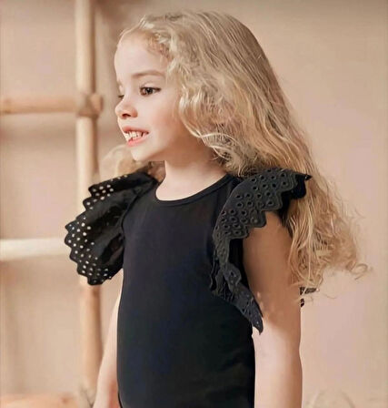 KIZ ÇOCUK PAMUKLU KOL KISMI GÜPÜRLÜ ÇIT ÇITLI BODY GÜNLÜK