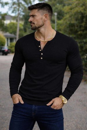 BYBÜLENT Özel Üretim Uzun Kollu Siyah Henley Yaka düğmeli Dar Kesim Açık Geniş Yaka Tişört T-Shirt