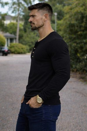 BYBÜLENT Özel Üretim Uzun Kollu Siyah Henley Yaka düğmeli Dar Kesim Açık Geniş Yaka Tişört T-Shirt