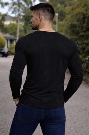 BYBÜLENT Özel Üretim Uzun Kollu Siyah Henley Yaka düğmeli Dar Kesim Açık Geniş Yaka Tişört T-Shirt