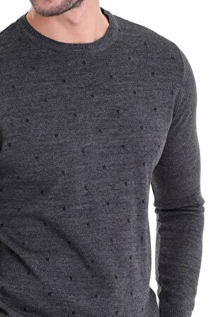 Gri Desenli Bisiklet Yaka Yünlü Triko Kazak | M