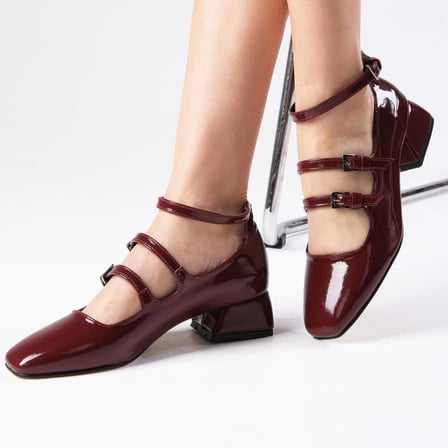 Jimatsu Kalın Topuklu Abiye Ayakkabı Bordo Suni Rugan 6.5 cm