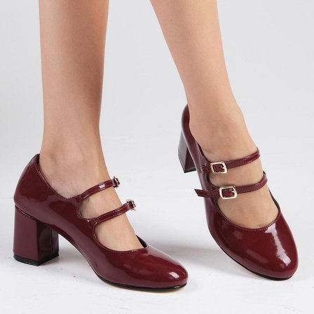 ForeverSoles Kadın Bordo Suni Deri Kalın Topuklu Kapalı Burun Abiye Ayakkabı Düğün Nişan Davet