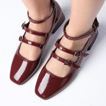 ForeverSoles Kadın Bordo Kadife Görünümlü Kalın Topuklu Düz Burun Mary Jane Ayakkabı Düğün Nişan Davet