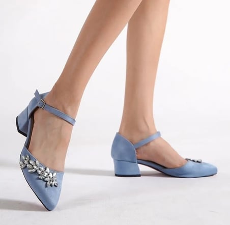 ForeverSoles Kadın Mavi Suni Deri Kalın Topuklu Kapalı Burun Gelin Ayakkabısı Düğün Nişan Davet