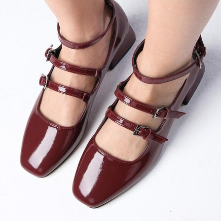 Jimatsu Kadın Abiye Ayakkabı Bordo Kalın Topuklu Suni Rugan 6.5 cm