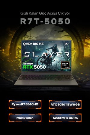 Game Garaj Slayer R7T-5050 C2 AMD Ryzen 7 8840HX 32GB RAM 1TB SSD RTX5050 16" QHD+ 180Hz IPS FreeDOS Gaming Laptop