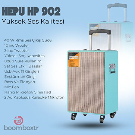 HEPU HP 902 Taşınabilir 40w Rms Bluetooth Hoparlör 12 inc Woofer Usb,Aux,Tf 2 Adet Kablosuz Mikrofon