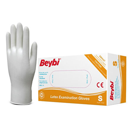 Beybi Lateks Pudralı Beyaz Muayene Eldiveni 100' lü Paket Small 